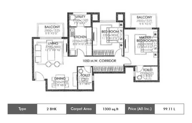 DLF Westend Heights Akshaya Nagar - Floor plan 2 BHK 1300 Sq.ft