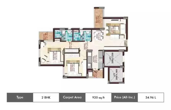 DLF Woodland Heights Jigani - Floor plan 2 BHK 920 Sq.ft