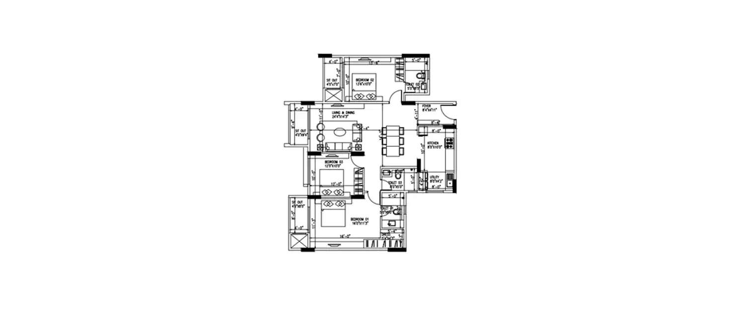 Floor plan for 3 BHK