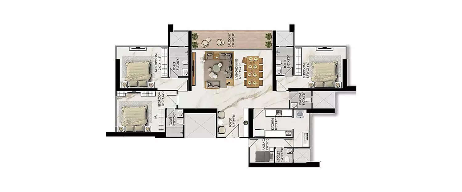 Floor plan for 3 BHK