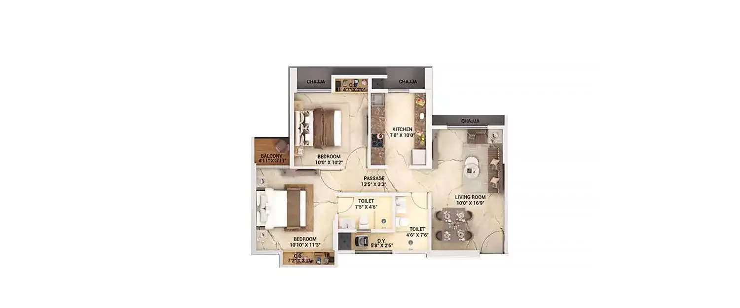 Floor plan for 2 BHK