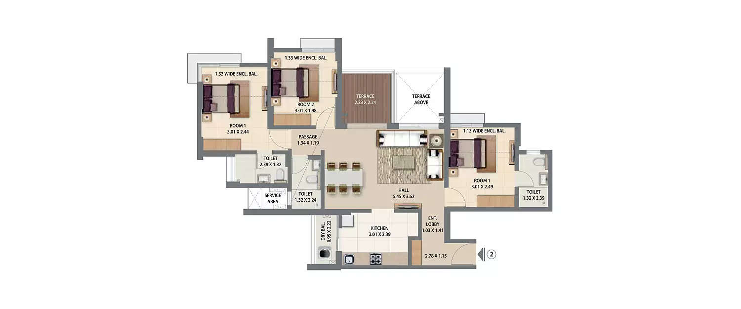 Floor plan for 3 BHK