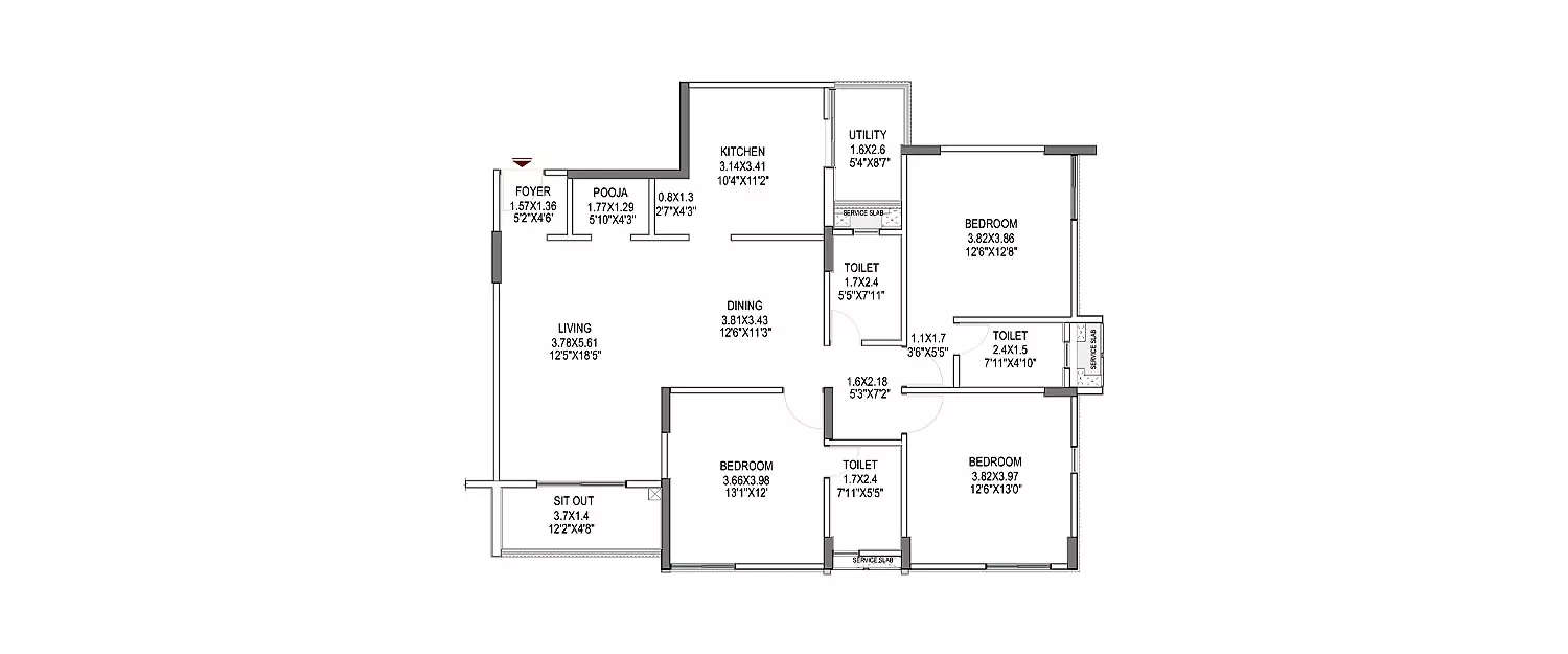 Floor plan for 3 BHK