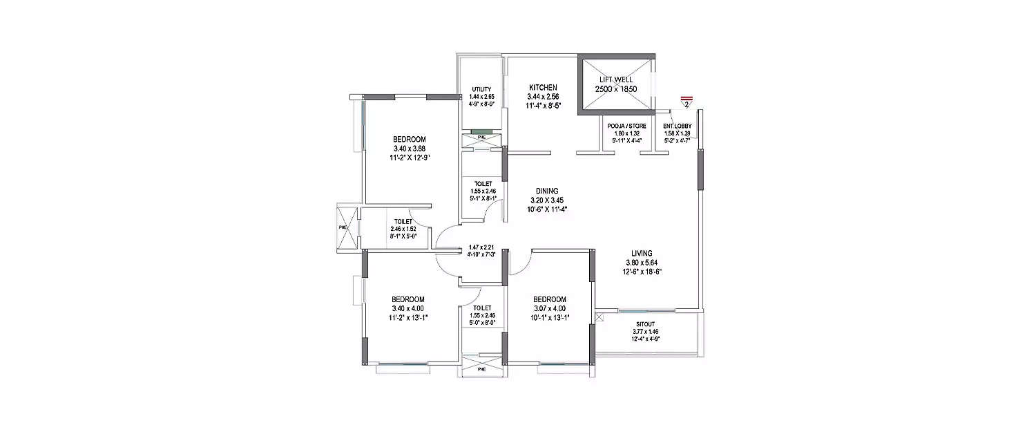 Floor plan for 3 BHK