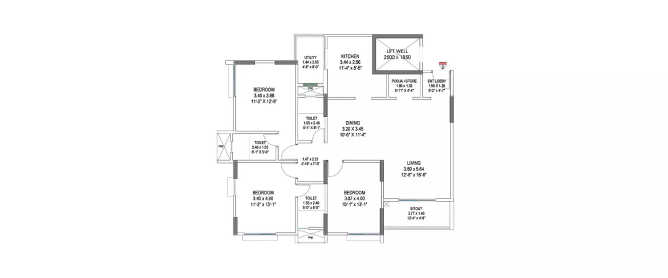 Pride Pegasus Byrathi - Floor plan 3 BHK 1170 Sq.ft