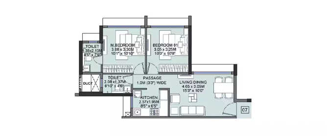 Wadhwa Dukes Horizon Chembur - Floor plan 3 BHK 1049 Sq.ft