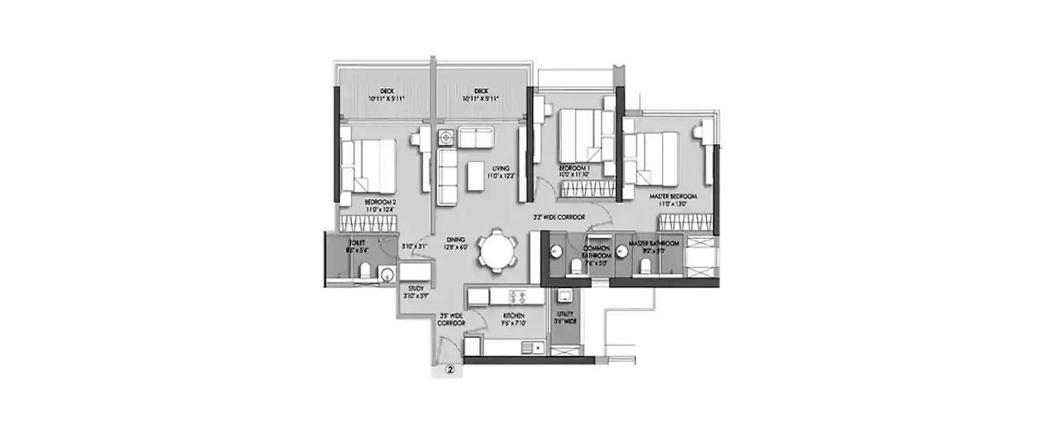 Floor plan for 3 BHK