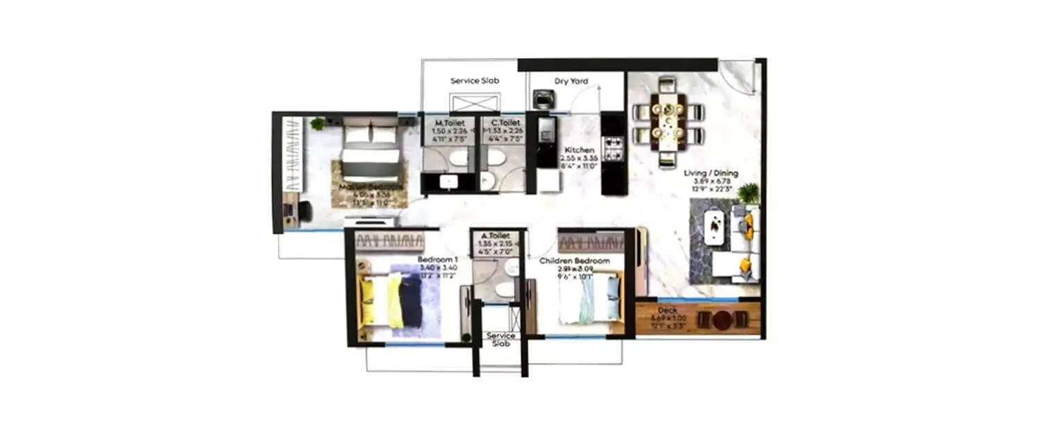 Floor plan for 3 BHK