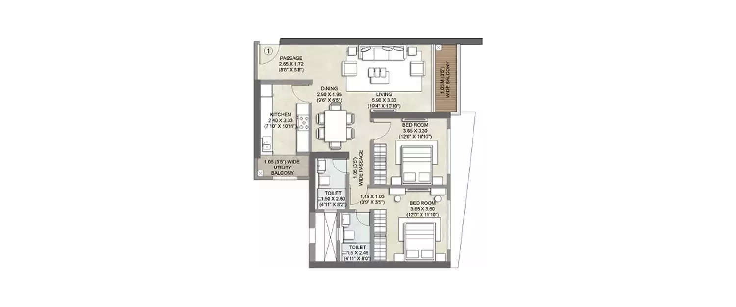Floor plan for 2 BHK