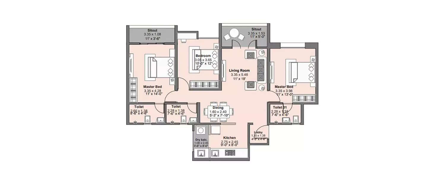 Floor plan for 3 BHK