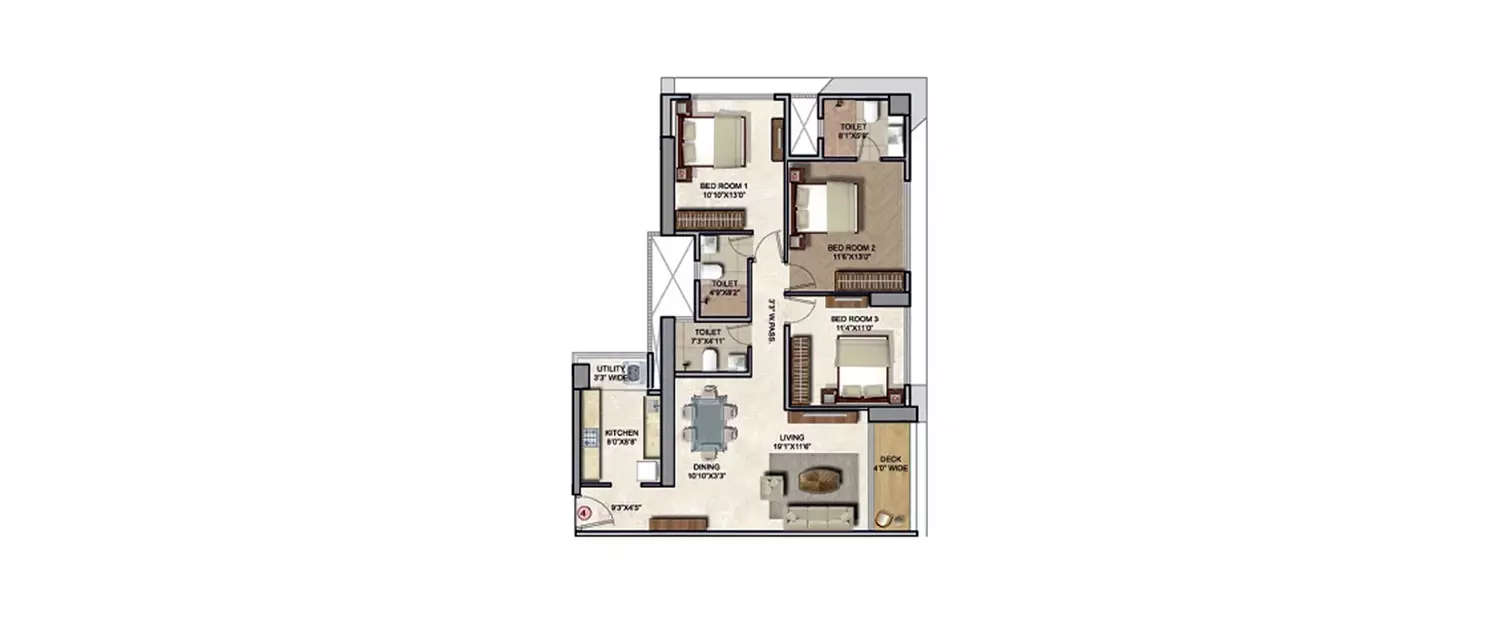 Floor plan for 3 BHK