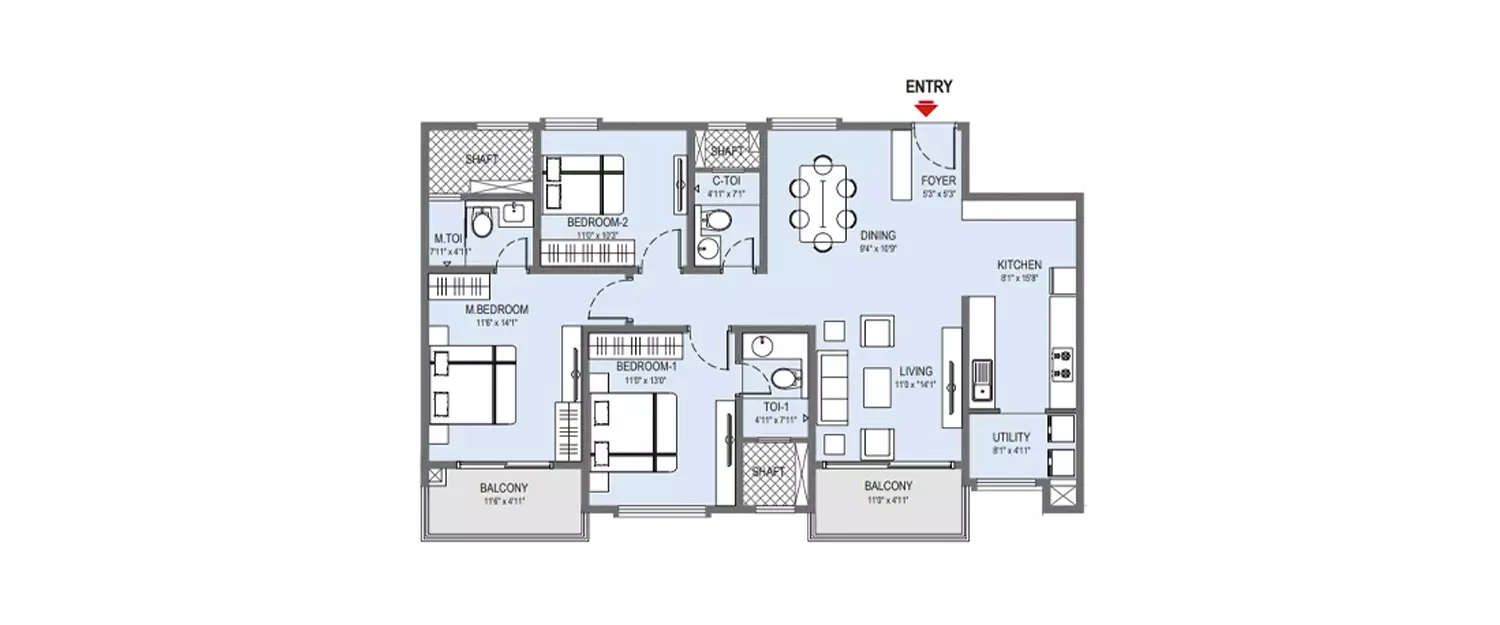 Floor plan for 3 BHK
