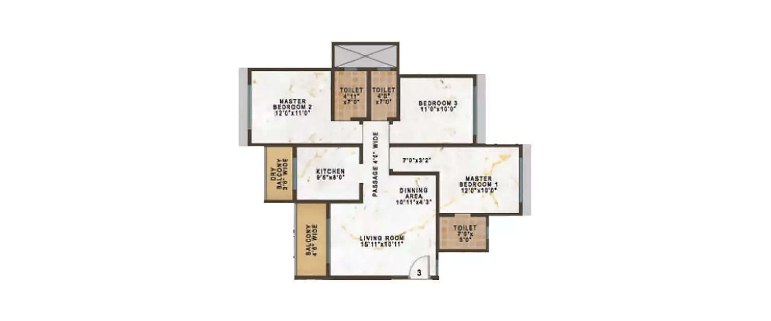 Floor plan for 3 BHK