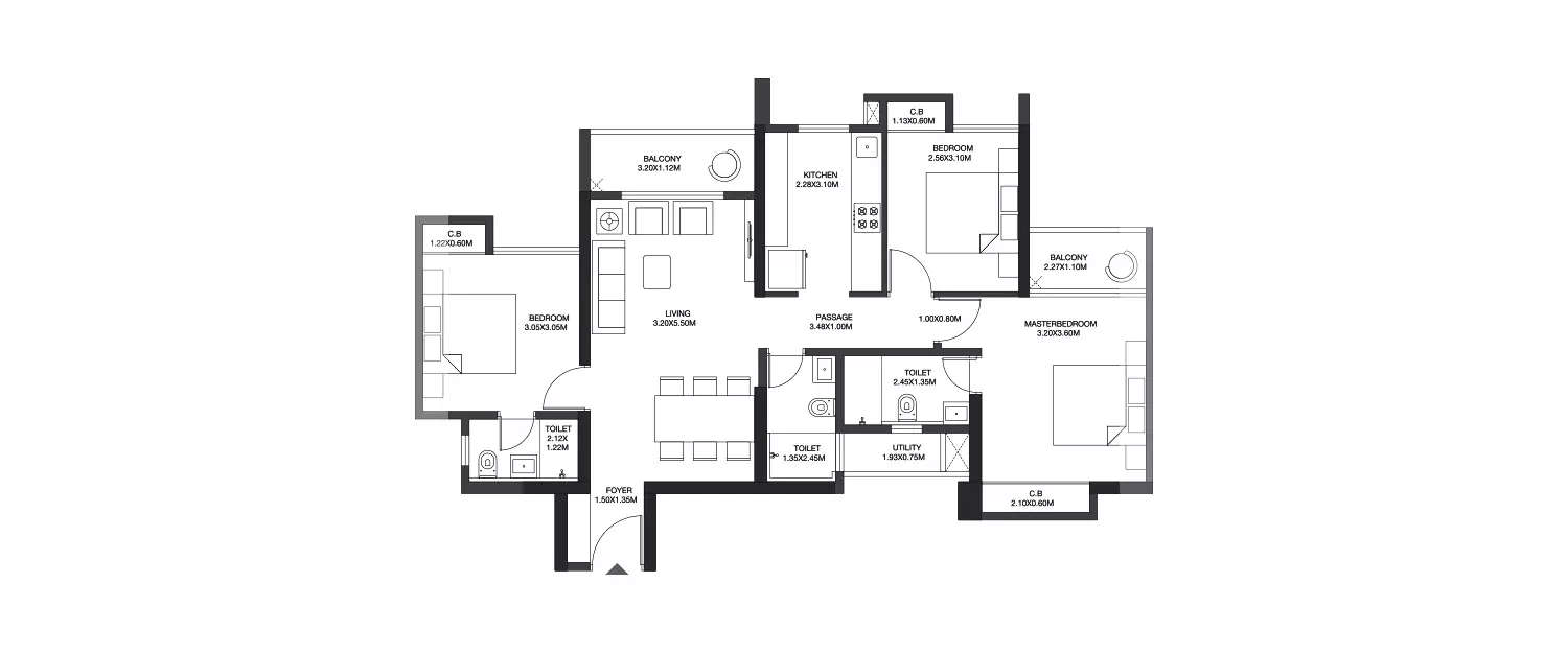 Floor plan for 3 BHK