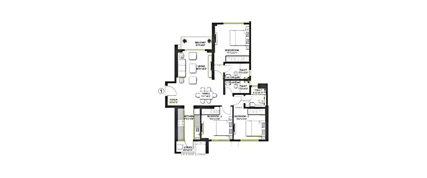 Floor plan for 3 BHK
