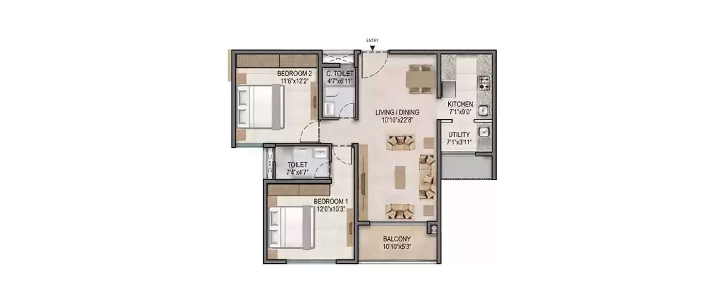 Floor plan for 2 BHK
