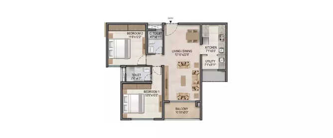 Century Horizon Jakkur - Floor plan 2 BHK 788 Sq.ft