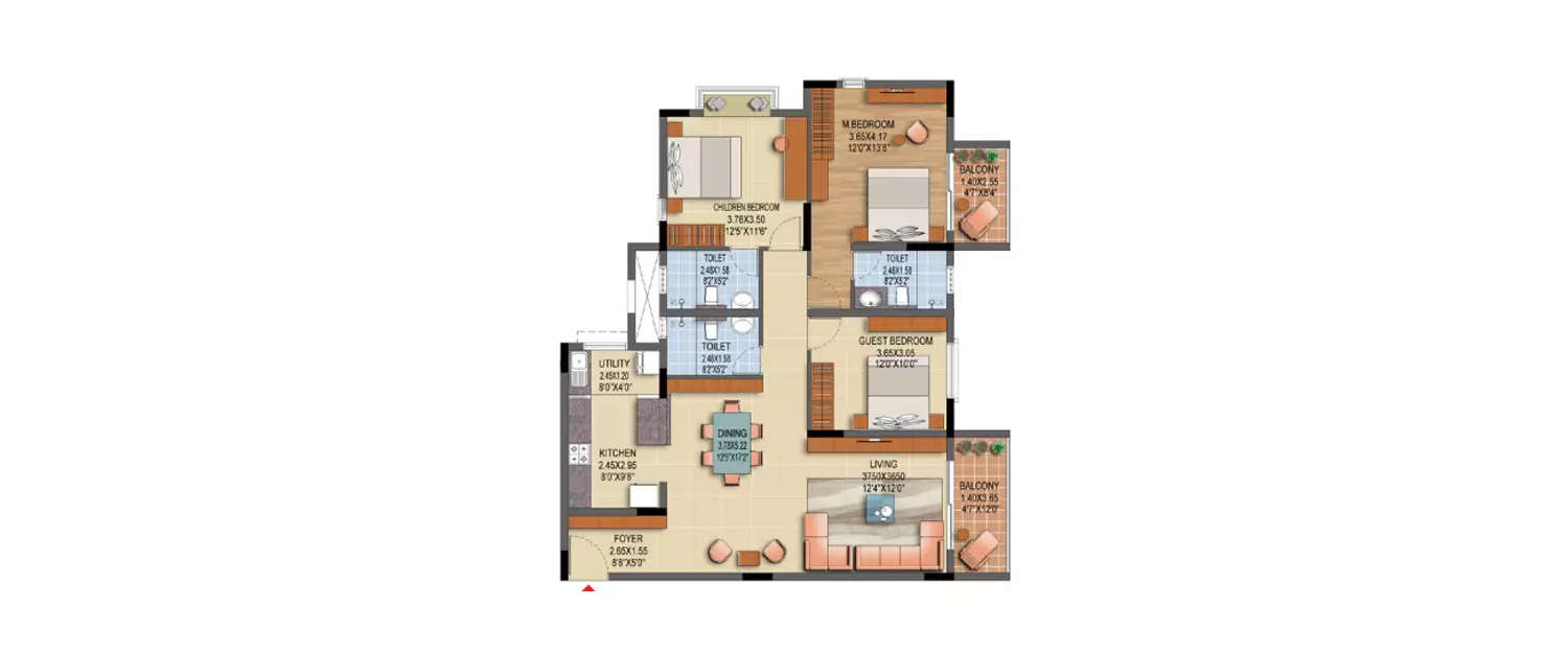Floor plan for 3 BHK