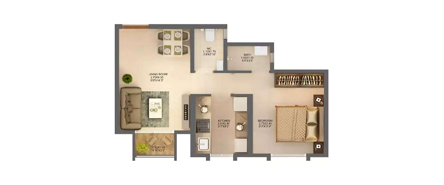 Floor plan for 1 BHK