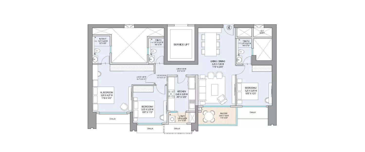 Floor plan for 3 BHK
