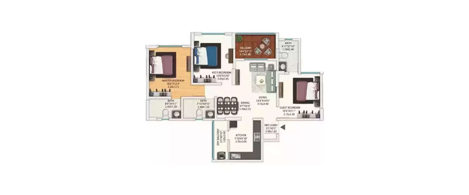 Floor plan for 3 BHK