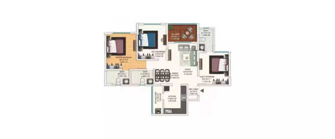 Gera World Of Joy Wagholi - Floor plan 3 BHK 842 Sq.ft