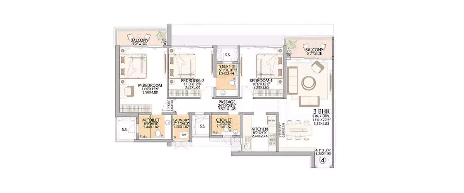 Floor plan for 3 BHK