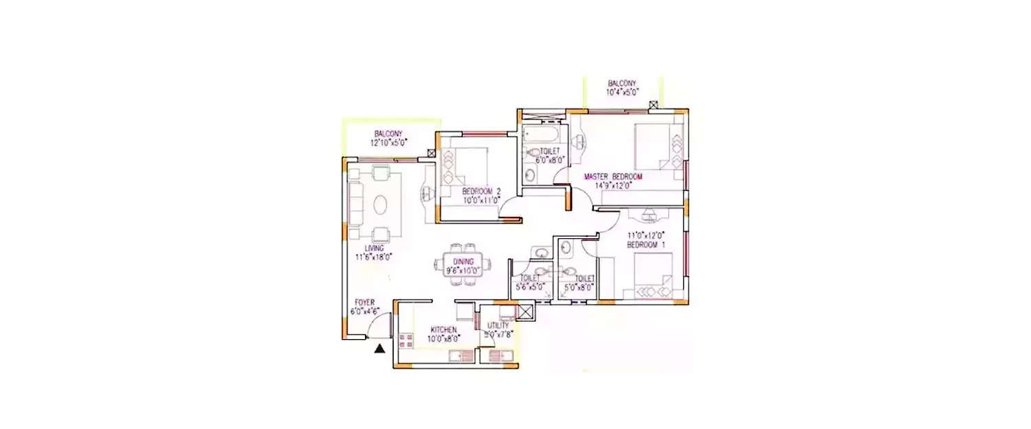 Floor plan for 3 BHK