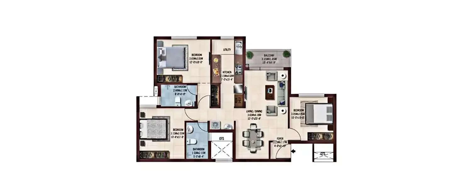 Floor plan for 3 BHK