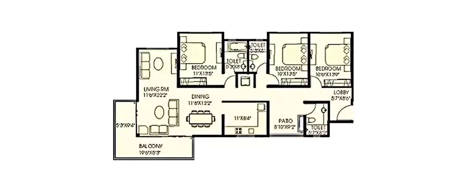 Floor plan for 3 BHK