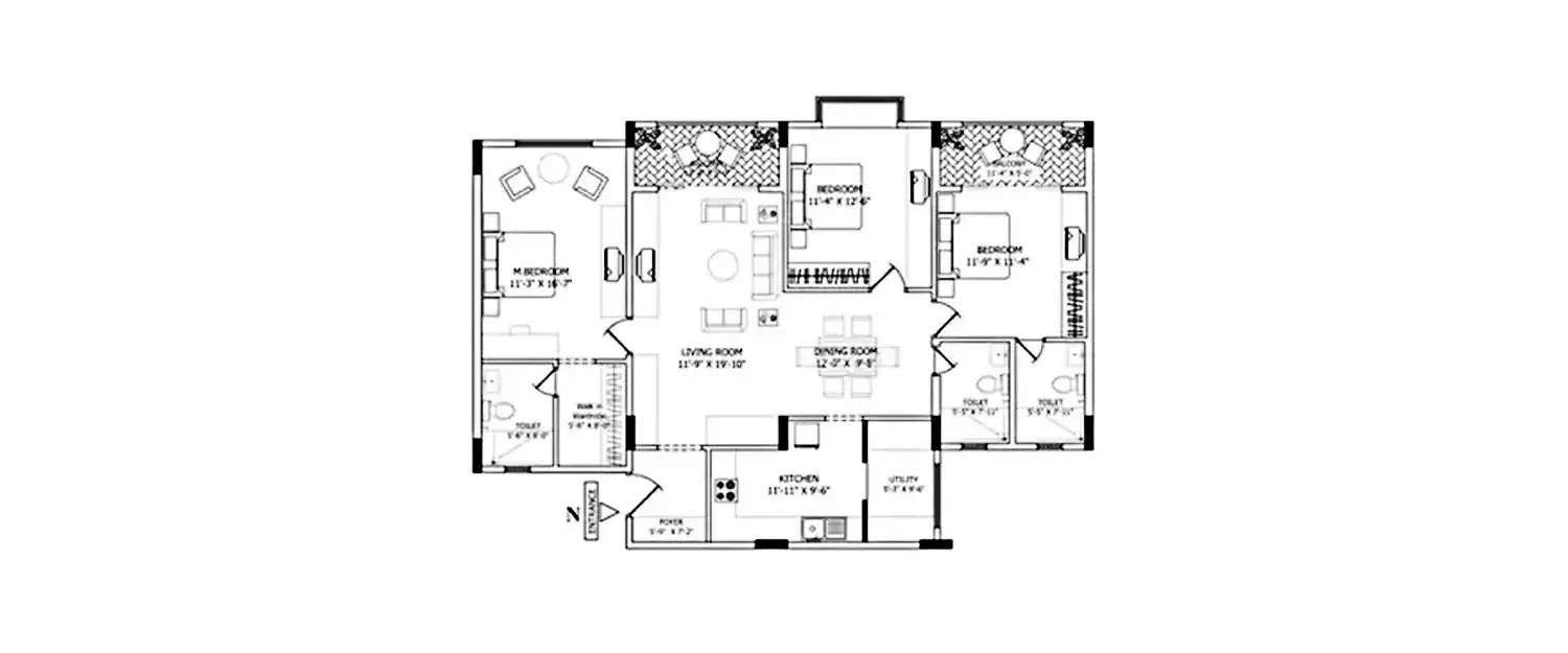 Floor plan for 3 BHK