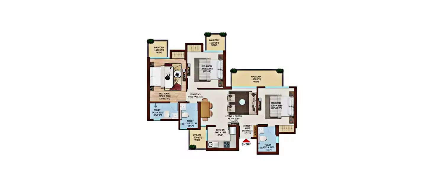 Floor plan for 3 BHK