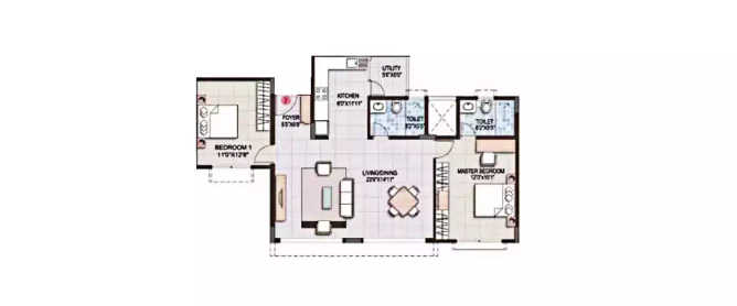 Purva Sunflower Binny Pete - Floor plan 2 BHK 1343 Sq.ft