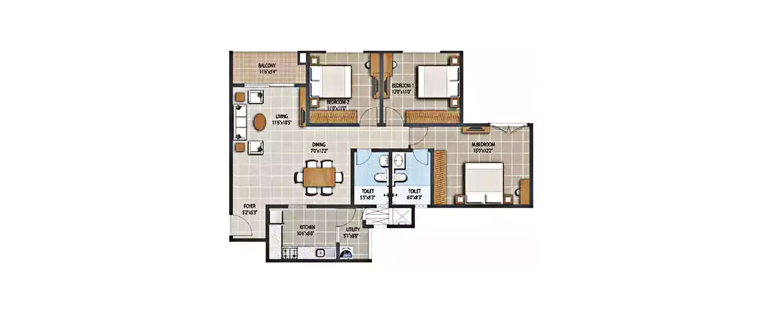 Floor plan for 3 BHK