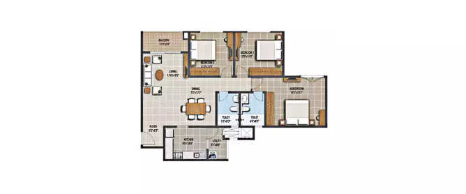 Purva The Waves Bileshivale - Floor plan 3 BHK 1482 Sq.ft