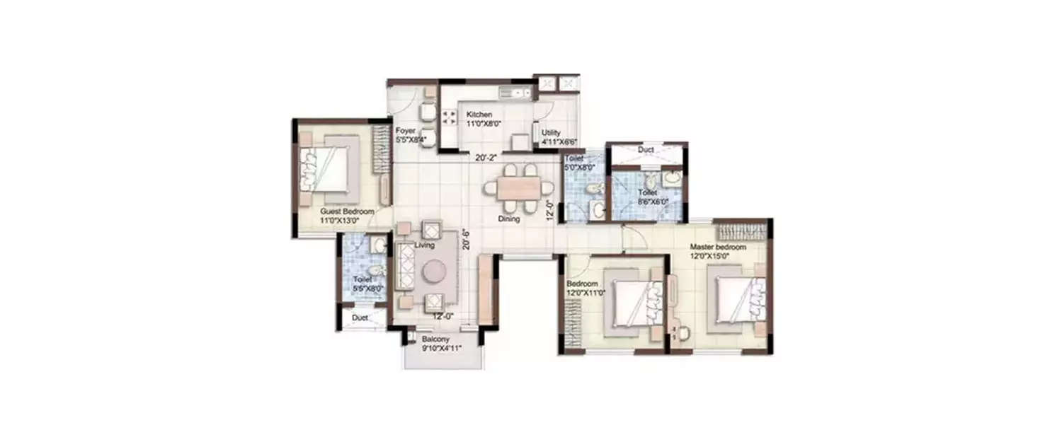 Floor plan for 3 BHK