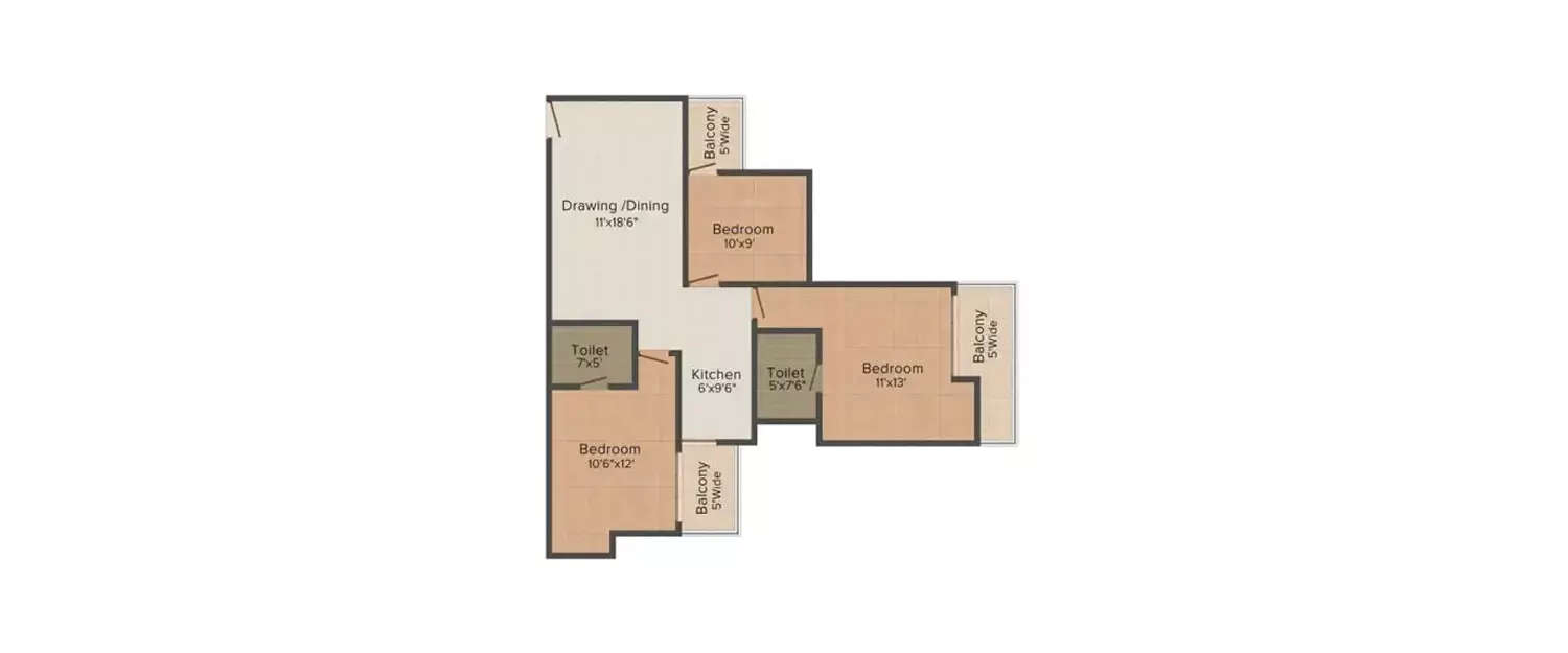 Floor plan for 3 BHK