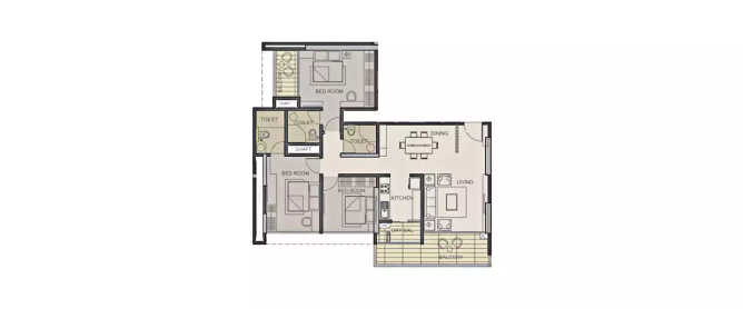 Solitaire Premier Bibwewadi - Floor plan 3 BHK 969 Sq.ft