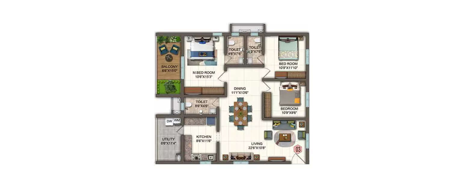 Floor plan for 3 BHK