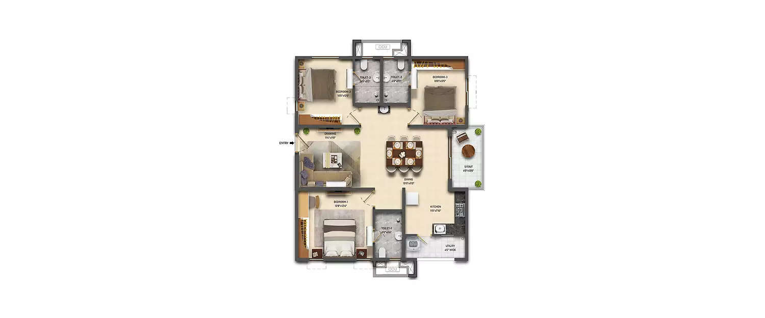 Floor plan for 3 BHK