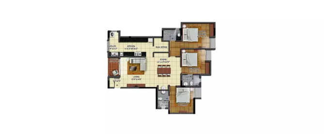 Radiance Mandarin Oggiyamduraipakkam - Floor plan 3 BHK 1287 Sq.ft