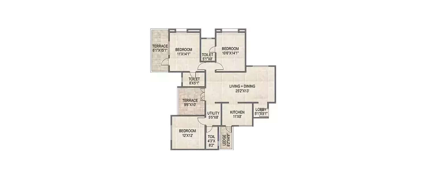 Floor plan for 3 BHK