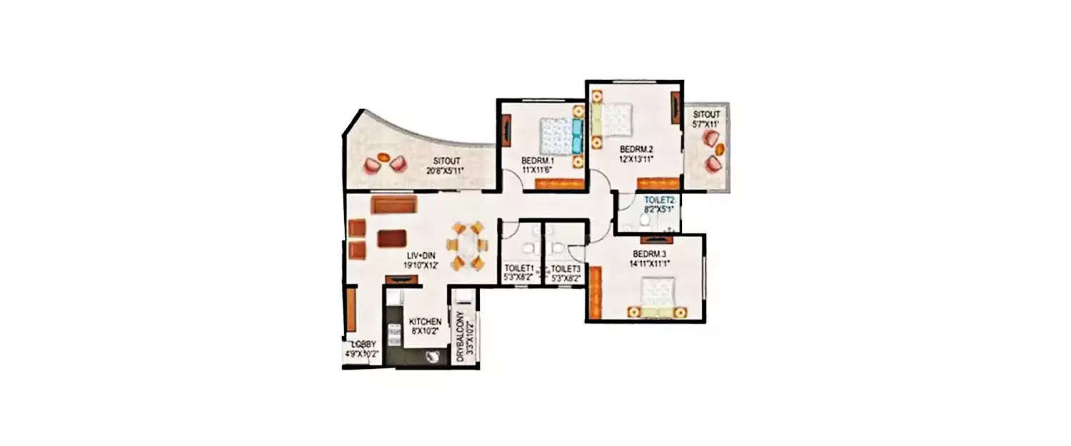 Floor plan for 3 BHK