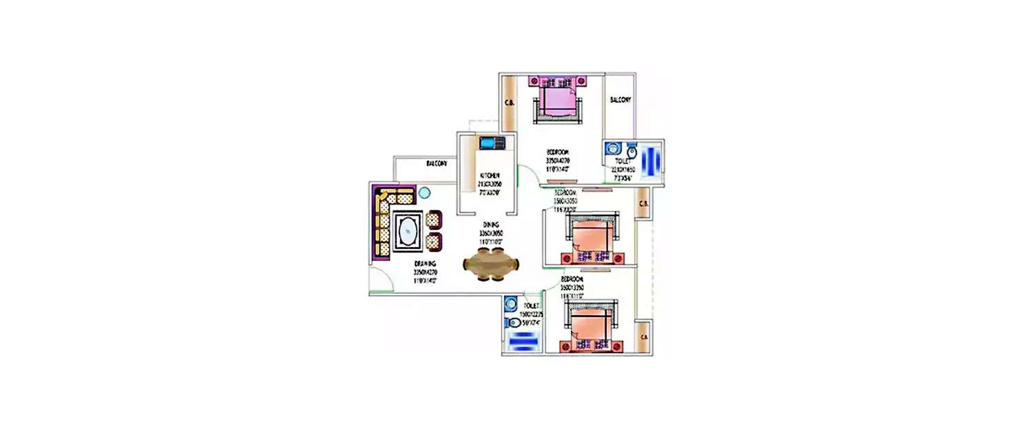 Floor plan for 3 BHK