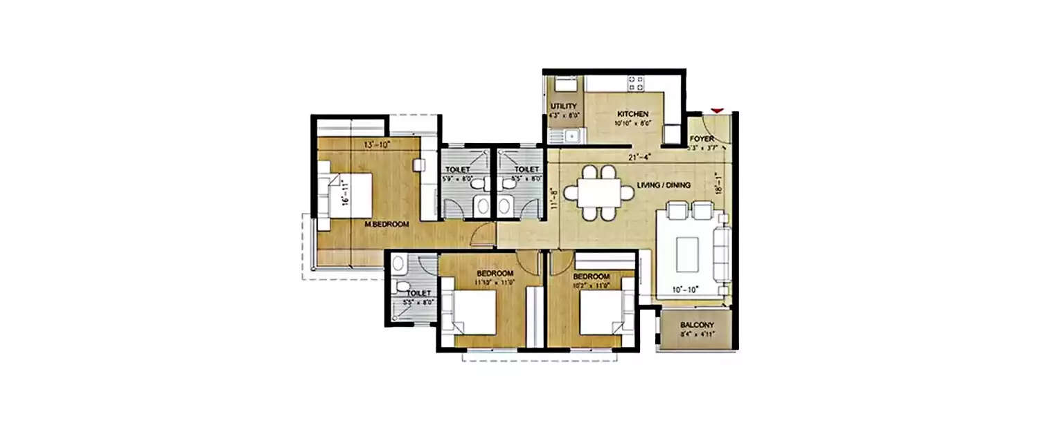 Floor plan for 3 BHK