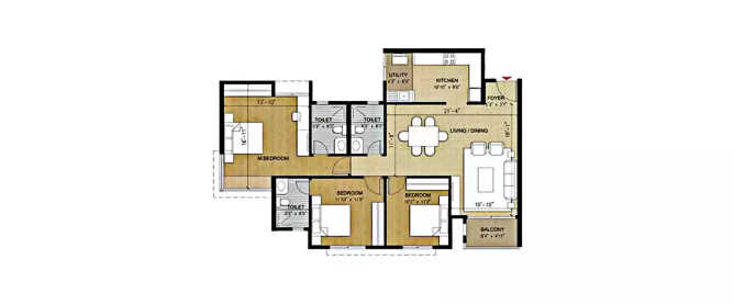 Purva Midtown Dooravani Nagar - Floor plan 3 BHK 1677 Sq.ft