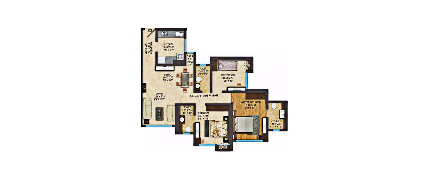 Floor plan for 3 BHK