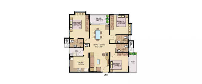 Raheja Vistas Elite Nacharam - Floor plan 3 BHK 1545 Sq.ft