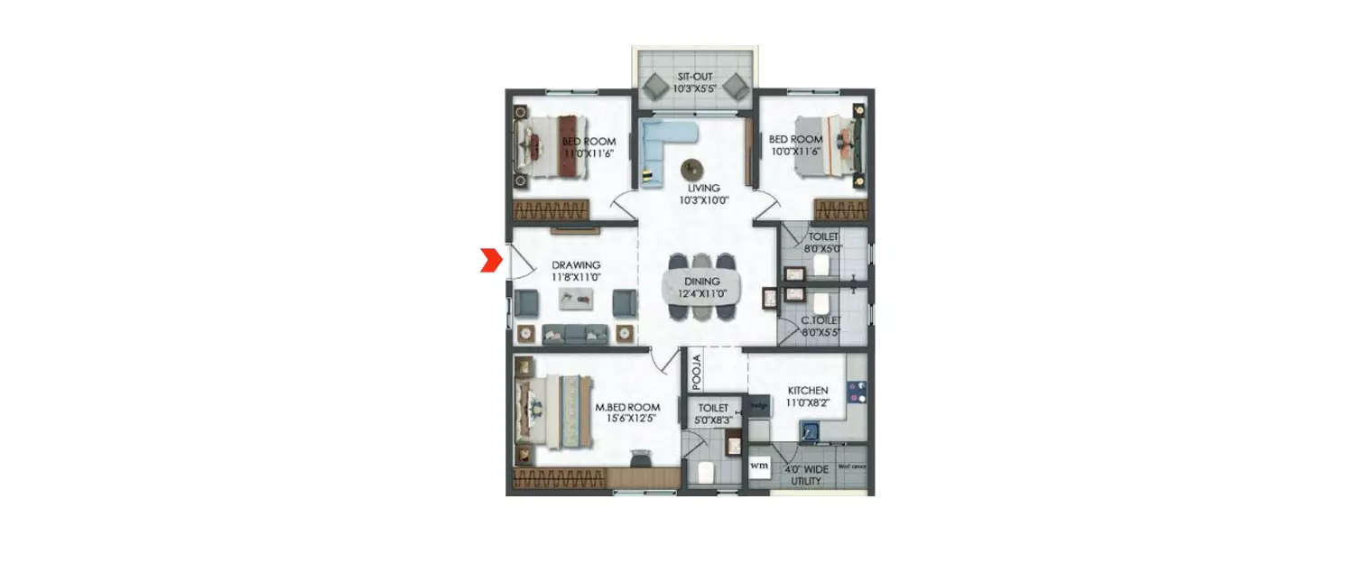 Floor plan for 3 BHK