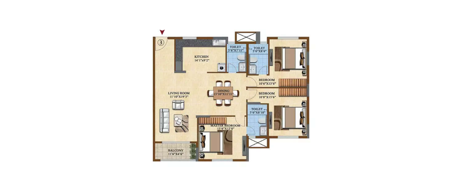 Floor plan for 3 BHK